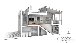 Sectional Perspective of Two-Story ADU with Roof Deck Sectional Perspective of Two-Story ADU with Roof Deck